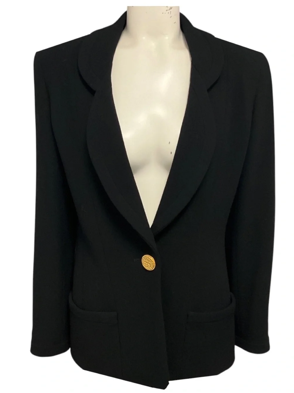 Chanel Boutique Vintage Black Wool Gauze Crepe Jacket with Gold Hammered Buttons